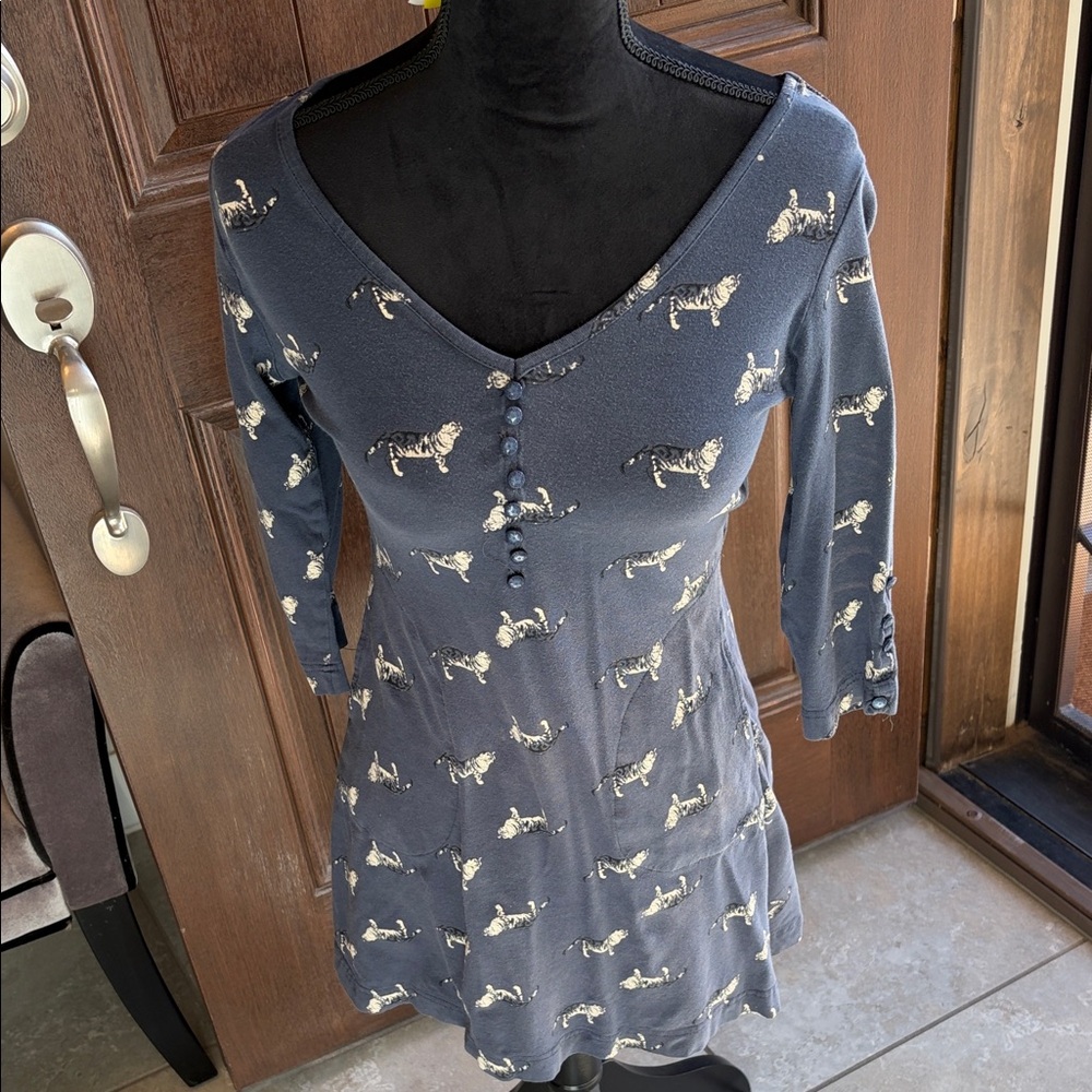 Effie's Heart Witchy Blue Asymmetrical Dress Top with White Tiger Print